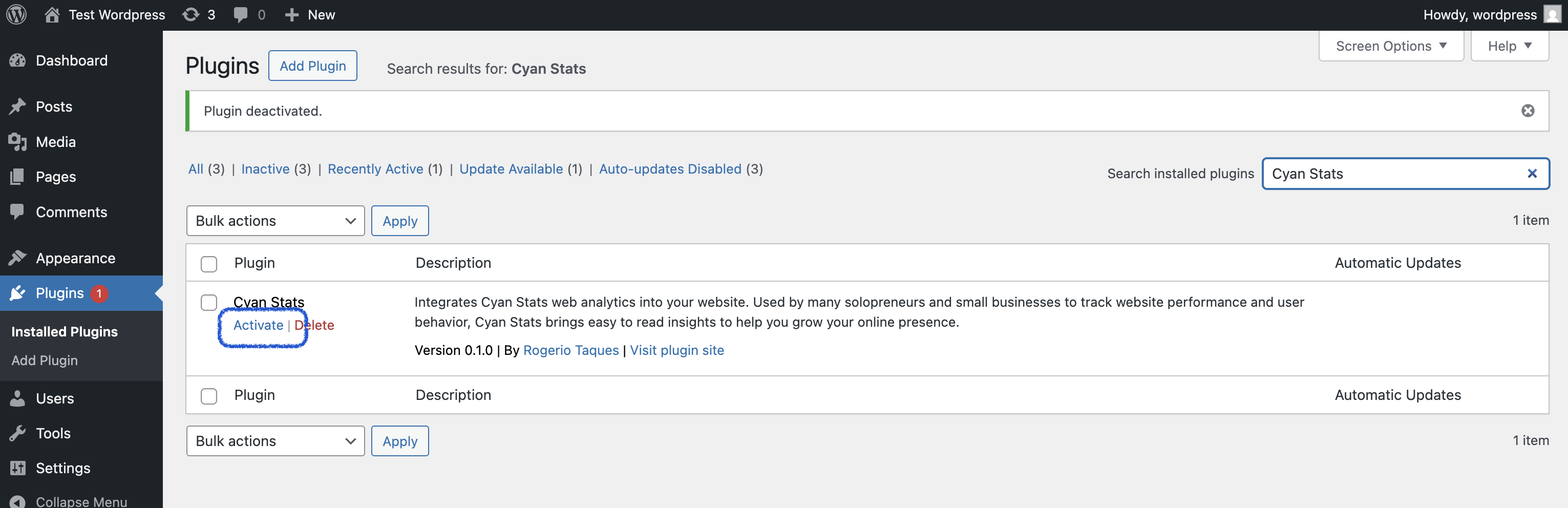 The Cyan Stats WordPress Plugin Dashboard